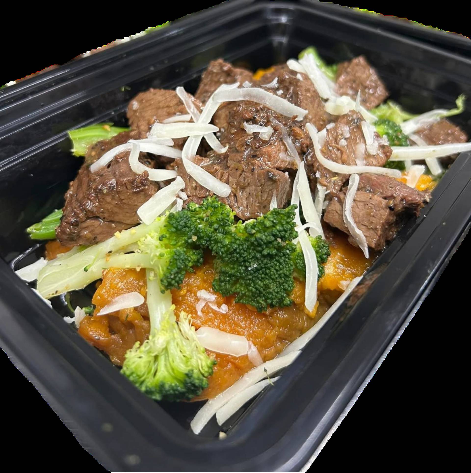 Steak & Steamed Broccoli Stuffed Sweet Potato w/Fat Free Mozzarella