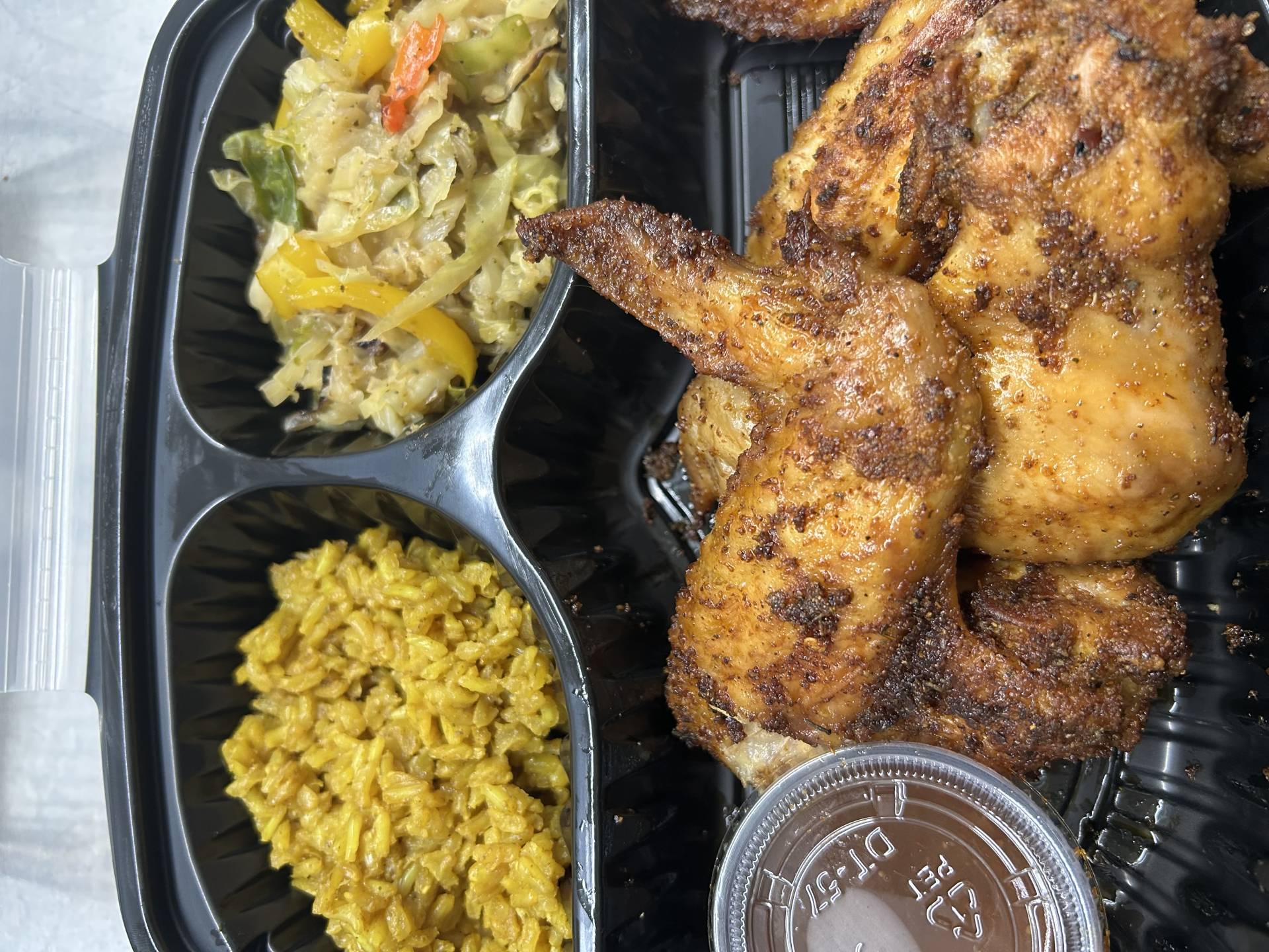 BBQ Roasted Chicken Wings With Yellow Rice & Cabbage