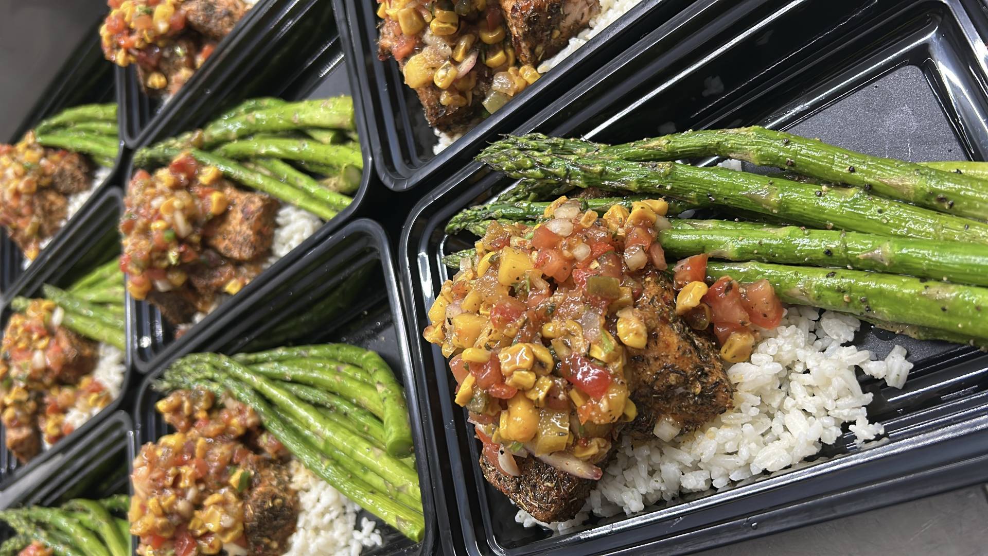 Jerk Salmon Nuggets With A Mango Peach Corn Salsa, Asparagus & White Jasmine Rice