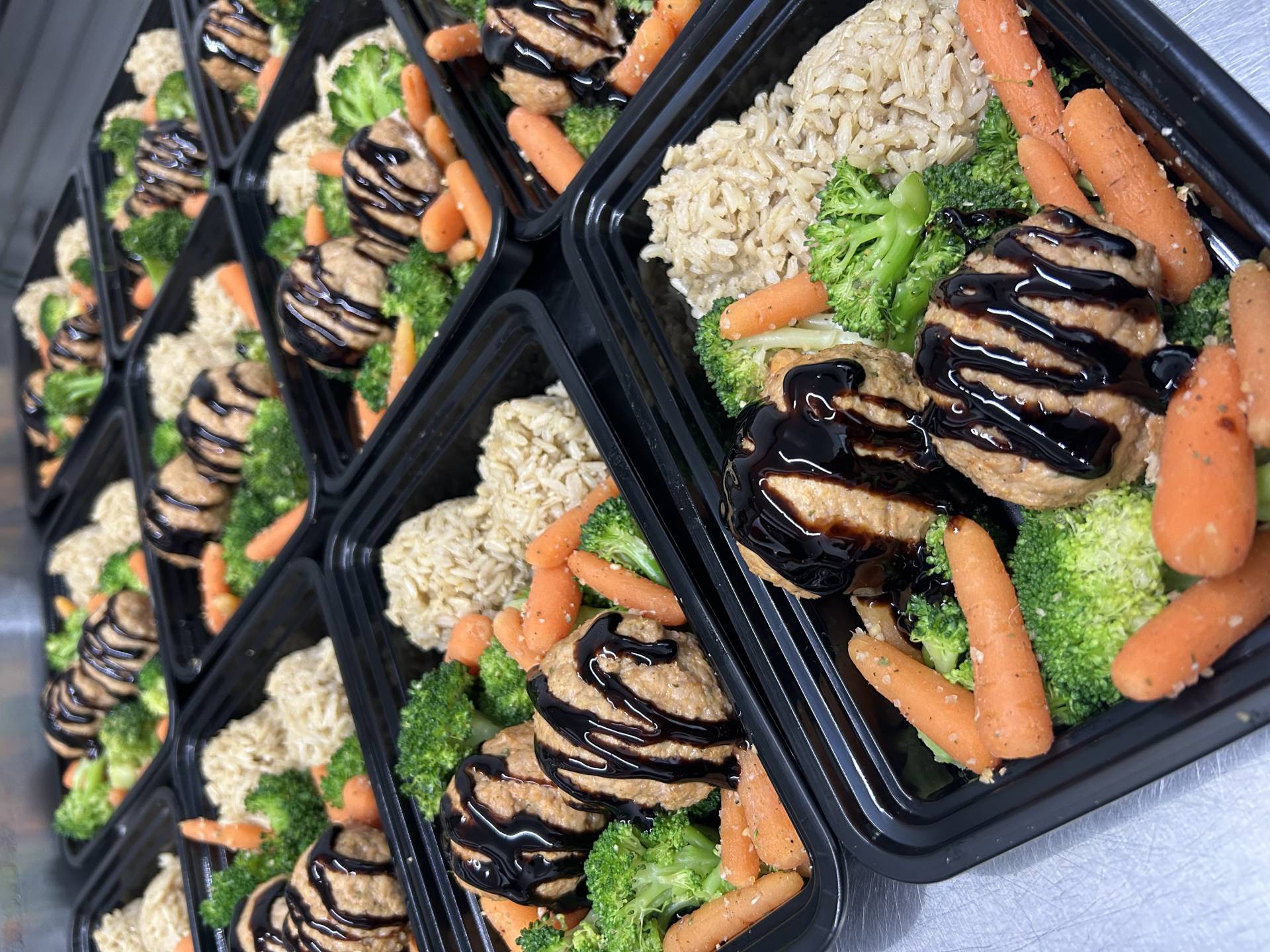 Orange Glazed Chicken Meatballs w/Brown Rice & Steamed Broccoli/Carrots